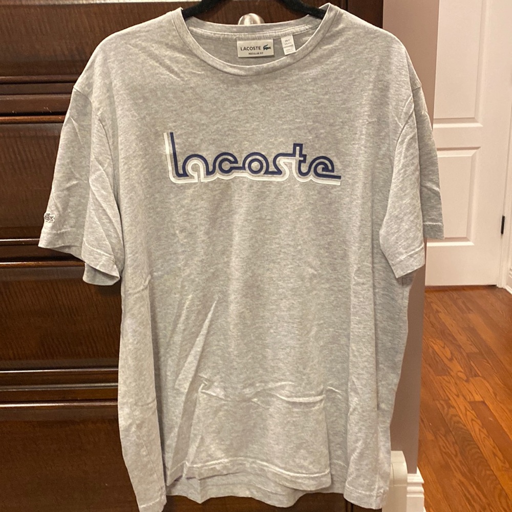 Lacoste Gray Short Sleeve Logo Tee with Blue Accents